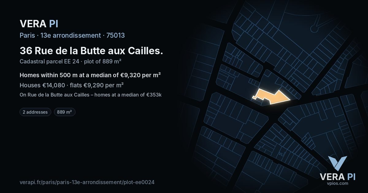36 Rue de la Butte aux Cailles, 13e arrondissement at night – the plot lit, the parcels around coloured by the prices near them
