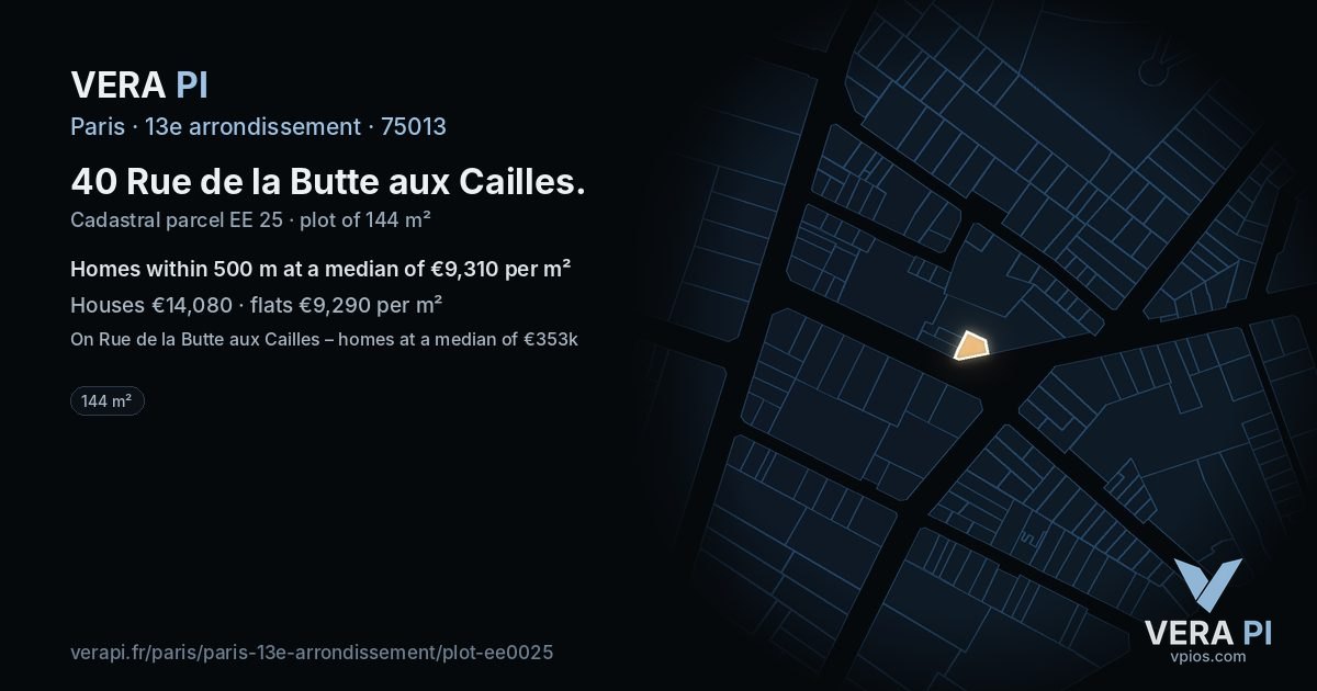 40 Rue de la Butte aux Cailles, 13e arrondissement at night – the plot lit, the parcels around coloured by the prices near them