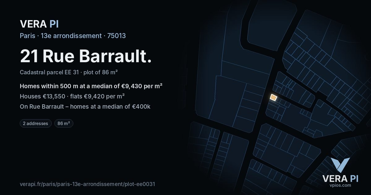 21 Rue Barrault, 13e arrondissement at night – the plot lit, the parcels around coloured by the prices near them