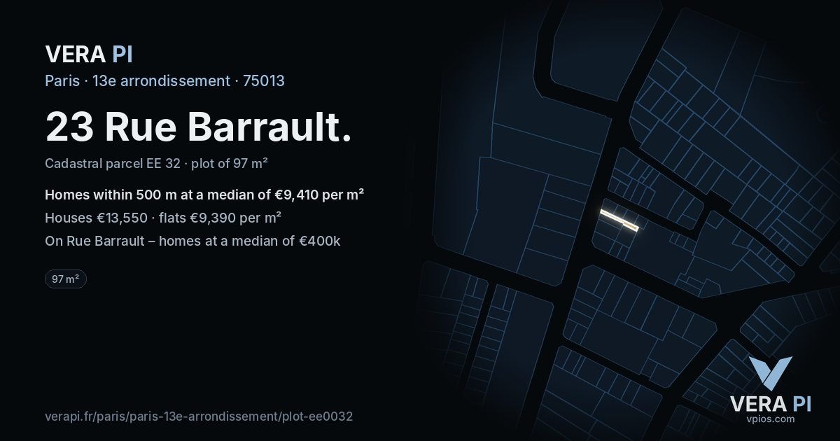 23 Rue Barrault, 13e arrondissement at night – the plot lit, the parcels around coloured by the prices near them