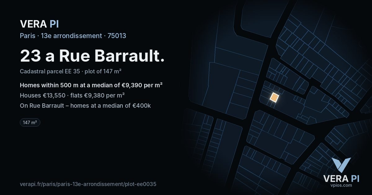 23 a Rue Barrault, 13e arrondissement at night – the plot lit, the parcels around coloured by the prices near them