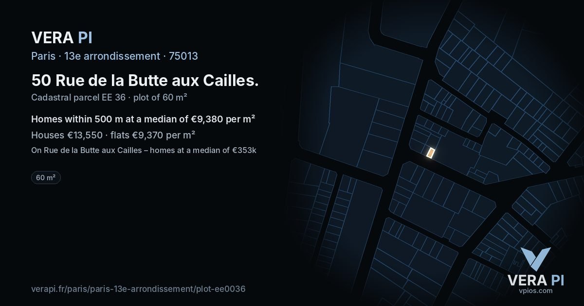 50 Rue de la Butte aux Cailles, 13e arrondissement at night – the plot lit, the parcels around coloured by the prices near them
