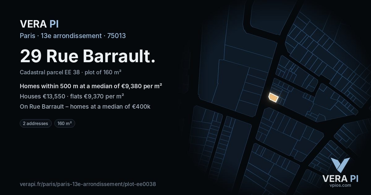 29 Rue Barrault, 13e arrondissement at night – the plot lit, the parcels around coloured by the prices near them