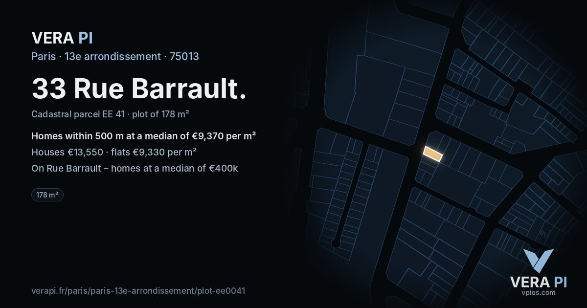 33 Rue Barrault, 13e arrondissement at night – the plot lit, the parcels around coloured by the prices near them