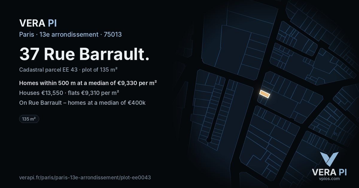 37 Rue Barrault, 13e arrondissement at night – the plot lit, the parcels around coloured by the prices near them