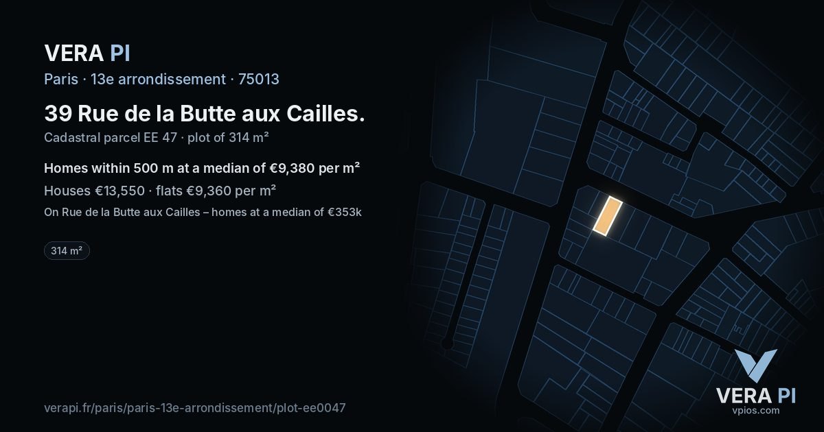 39 Rue de la Butte aux Cailles, 13e arrondissement at night – the plot lit, the parcels around coloured by the prices near them