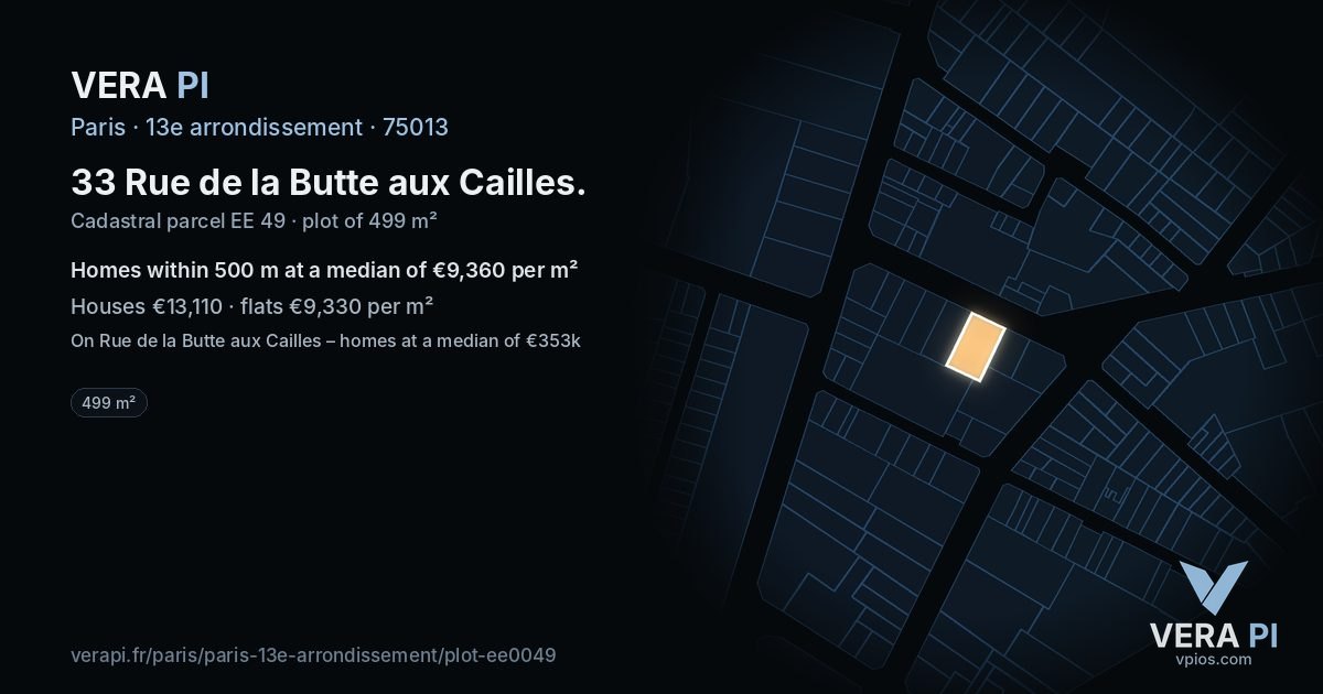 33 Rue de la Butte aux Cailles, 13e arrondissement at night – the plot lit, the parcels around coloured by the prices near them