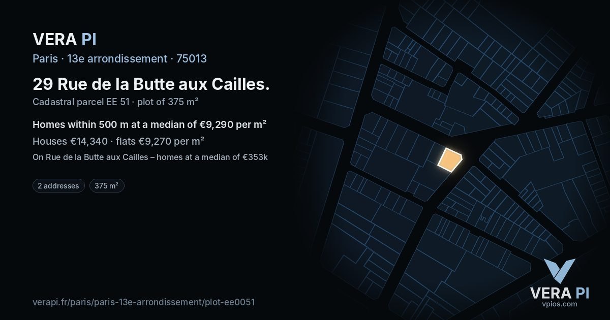 29 Rue de la Butte aux Cailles, 13e arrondissement at night – the plot lit, the parcels around coloured by the prices near them