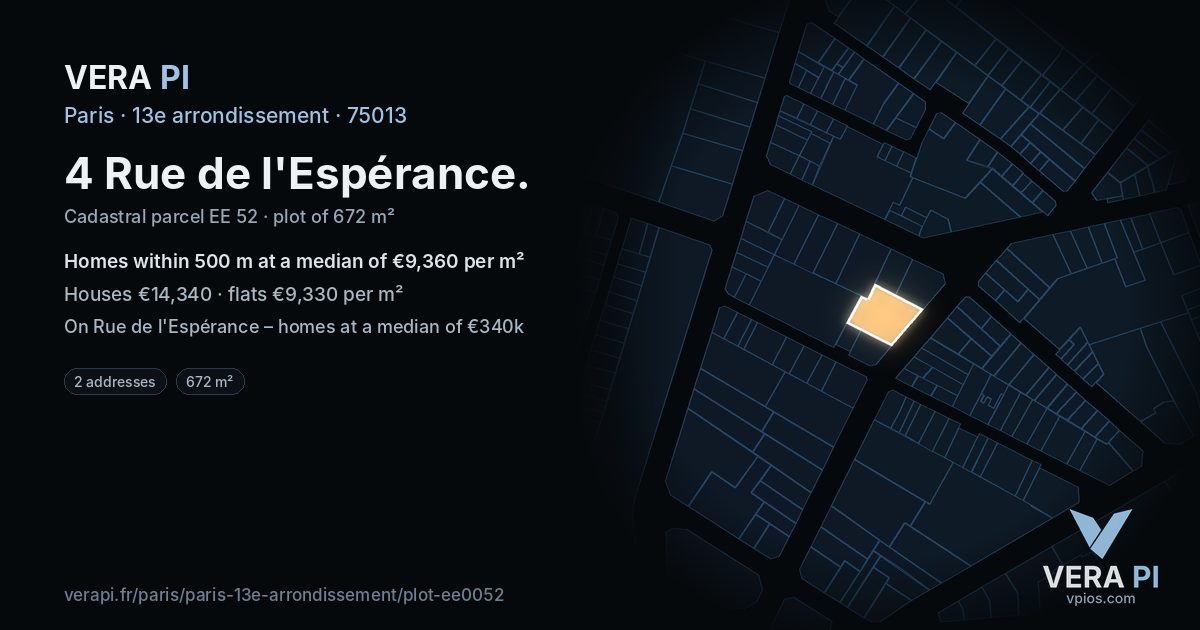 4 Rue de l'Espérance, 13e arrondissement at night – the plot lit, the parcels around coloured by the prices near them