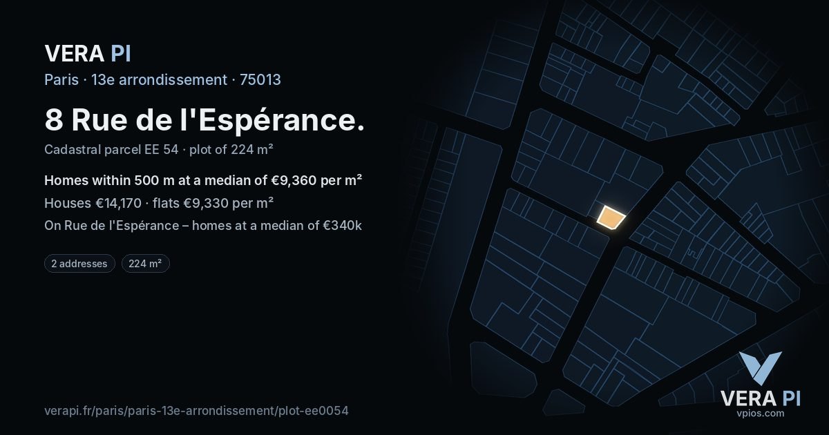 8 Rue de l'Espérance, 13e arrondissement at night – the plot lit, the parcels around coloured by the prices near them