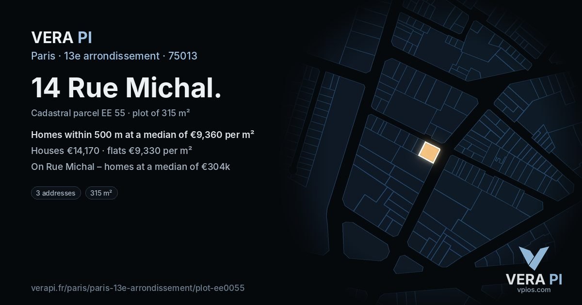 14 Rue Michal, 13e arrondissement at night – the plot lit, the parcels around coloured by the prices near them