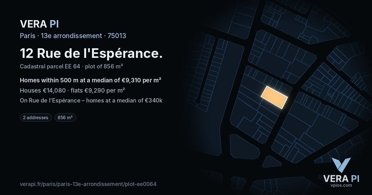 12 Rue de l'Espérance, 13e arrondissement at night – the plot lit, the parcels around coloured by the prices near them