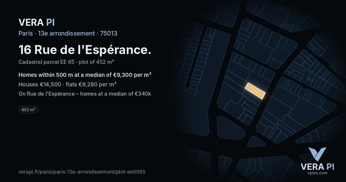 16 Rue de l'Espérance, 13e arrondissement at night – the plot lit, the parcels around coloured by the prices near them