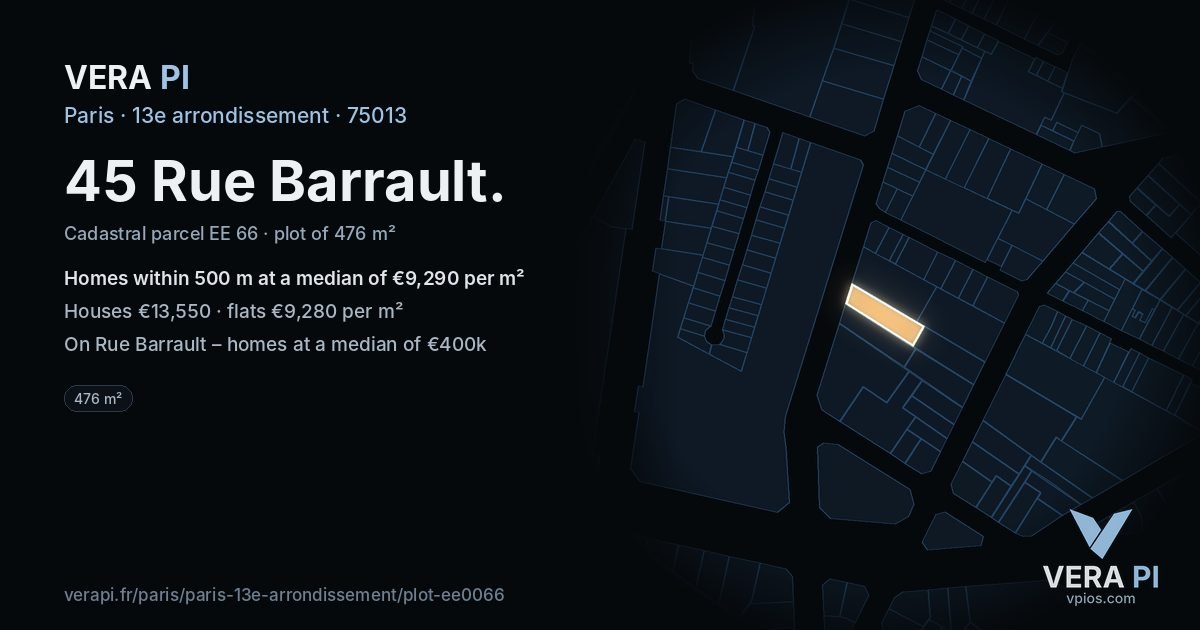 45 Rue Barrault, 13e arrondissement at night – the plot lit, the parcels around coloured by the prices near them