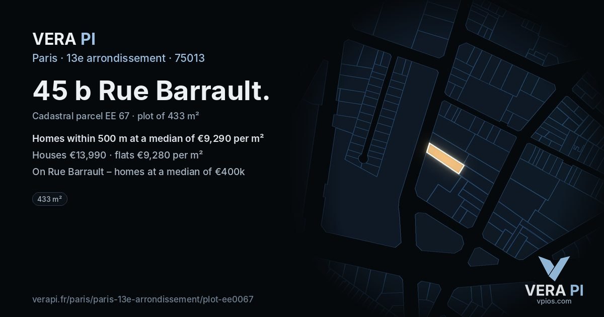 45 b Rue Barrault, 13e arrondissement at night – the plot lit, the parcels around coloured by the prices near them