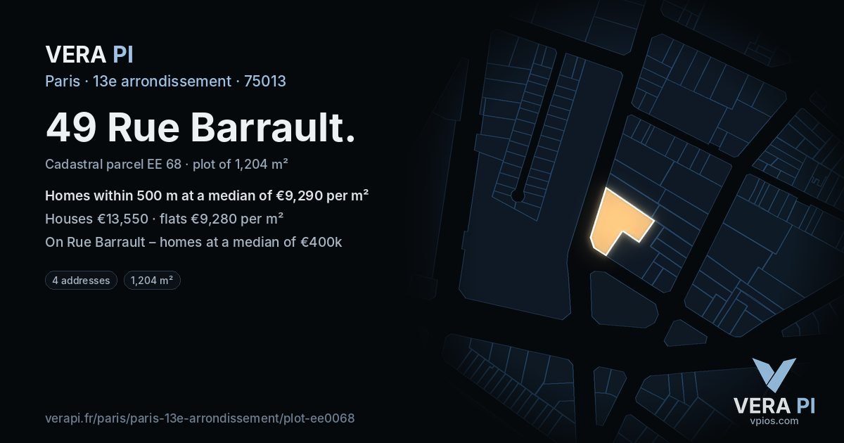 49 Rue Barrault, 13e arrondissement at night – the plot lit, the parcels around coloured by the prices near them