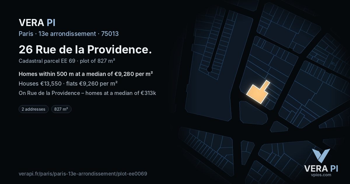 26 Rue de la Providence, 13e arrondissement at night – the plot lit, the parcels around coloured by the prices near them