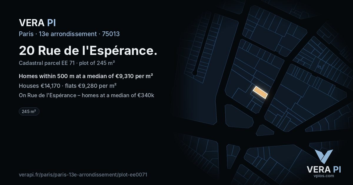 20 Rue de l'Espérance, 13e arrondissement at night – the plot lit, the parcels around coloured by the prices near them
