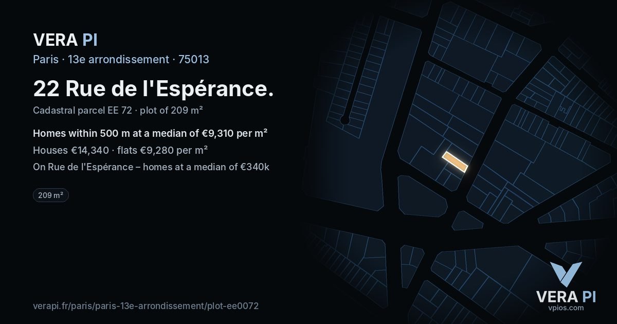 22 Rue de l'Espérance, 13e arrondissement at night – the plot lit, the parcels around coloured by the prices near them