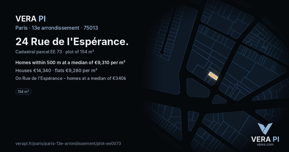 24 Rue de l'Espérance, 13e arrondissement at night – the plot lit, the parcels around coloured by the prices near them
