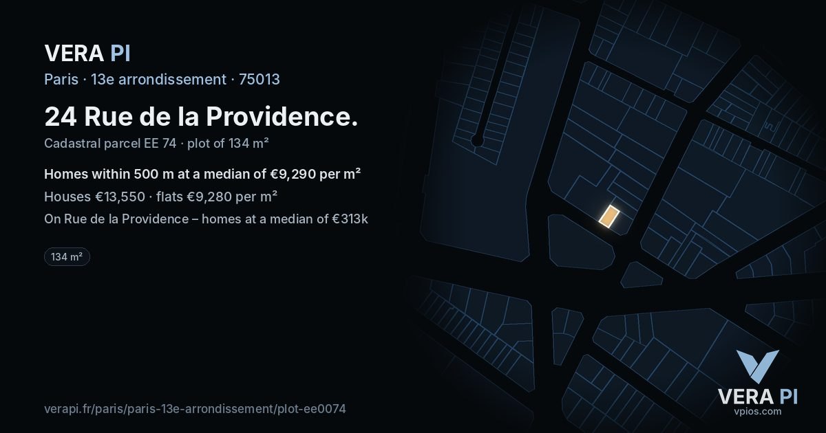 24 Rue de la Providence, 13e arrondissement at night – the plot lit, the parcels around coloured by the prices near them