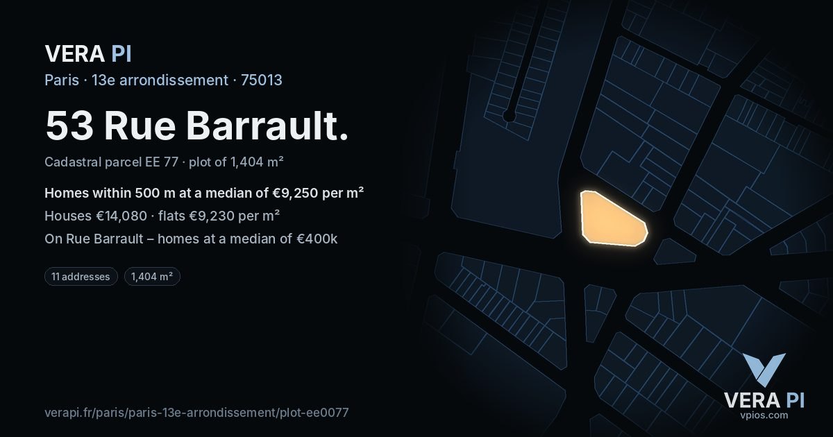 53 Rue Barrault, 13e arrondissement at night – the plot lit, the parcels around coloured by the prices near them