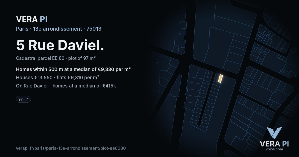 5 Rue Daviel, 13e arrondissement at night – the plot lit, the parcels around coloured by the prices near them