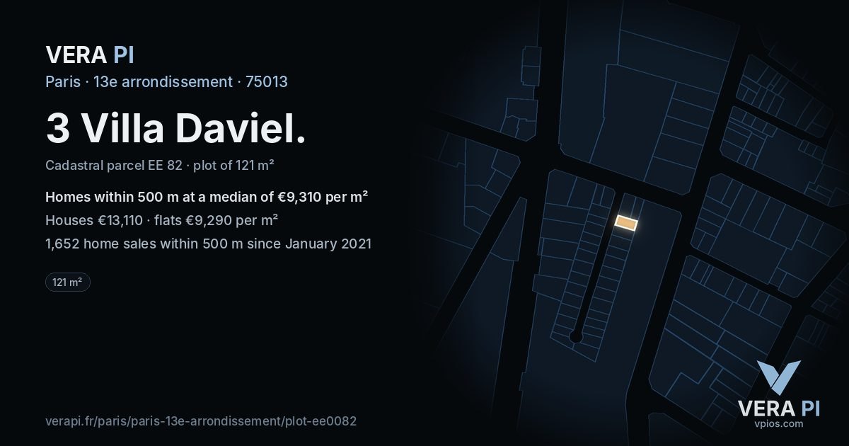 3 Villa Daviel, 13e arrondissement at night – the plot lit, the parcels around coloured by the prices near them