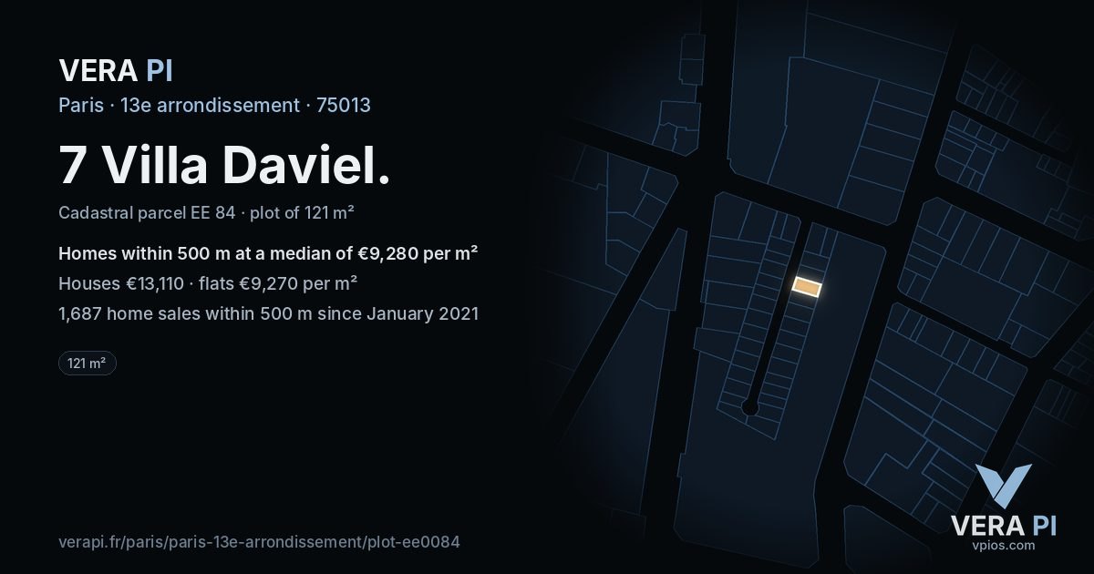 7 Villa Daviel, 13e arrondissement at night – the plot lit, the parcels around coloured by the prices near them