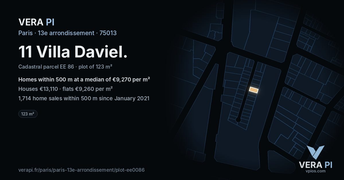 11 Villa Daviel, 13e arrondissement at night – the plot lit, the parcels around coloured by the prices near them