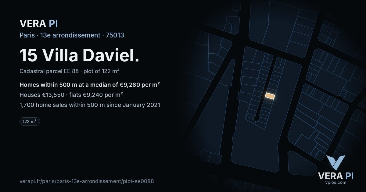 15 Villa Daviel, 13e arrondissement at night – the plot lit, the parcels around coloured by the prices near them