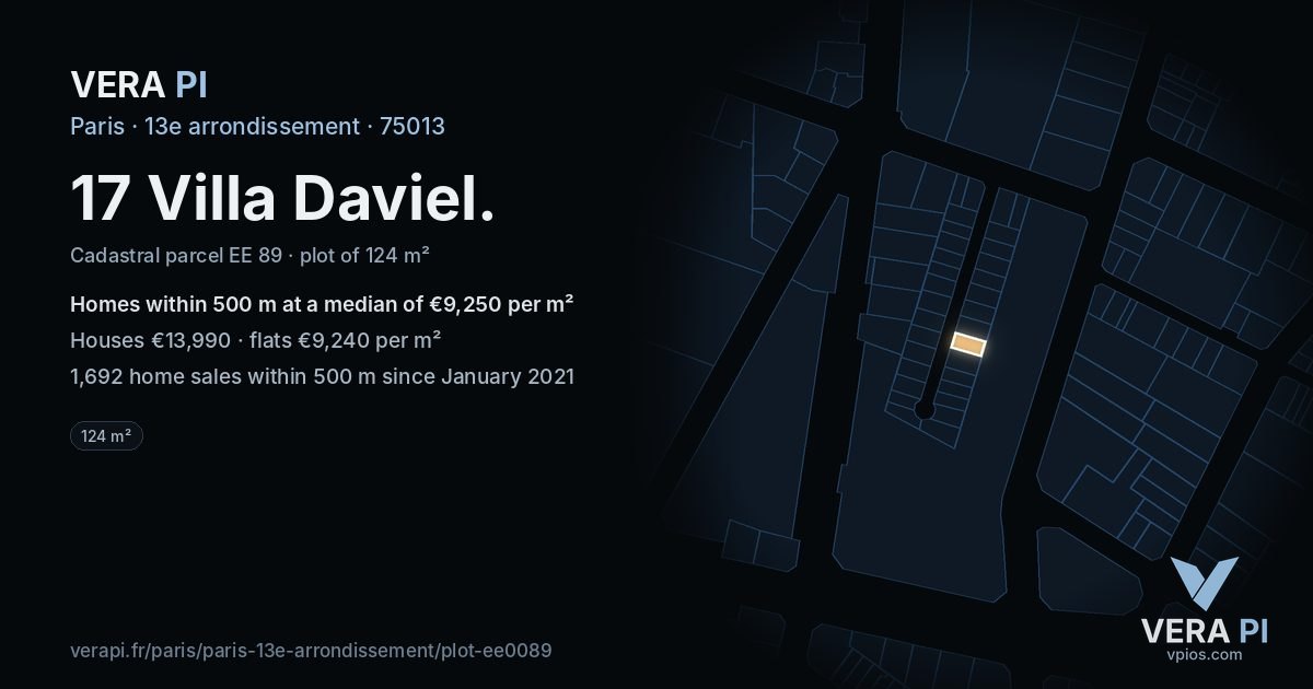 17 Villa Daviel, 13e arrondissement at night – the plot lit, the parcels around coloured by the prices near them
