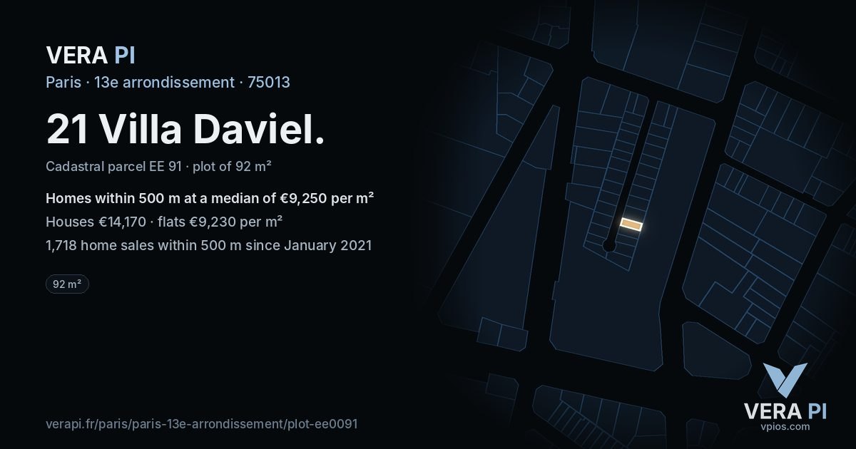 21 Villa Daviel, 13e arrondissement at night – the plot lit, the parcels around coloured by the prices near them