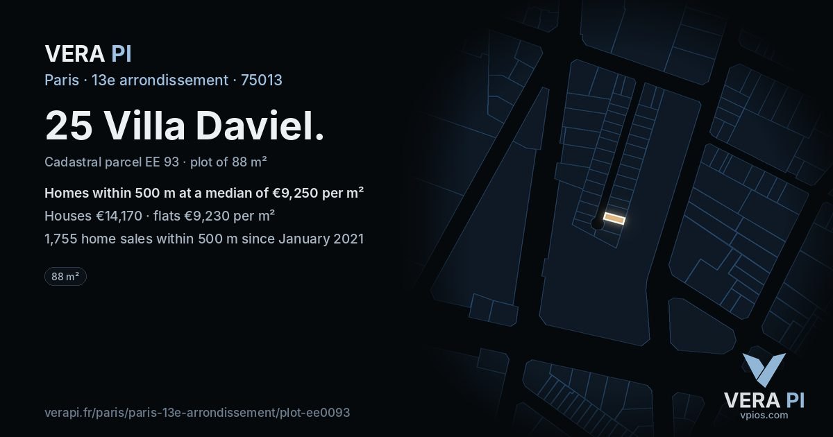 25 Villa Daviel, 13e arrondissement at night – the plot lit, the parcels around coloured by the prices near them