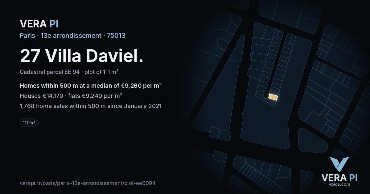 27 Villa Daviel, 13e arrondissement at night – the plot lit, the parcels around coloured by the prices near them