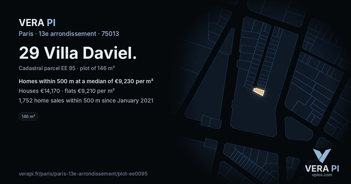 29 Villa Daviel, 13e arrondissement at night – the plot lit, the parcels around coloured by the prices near them