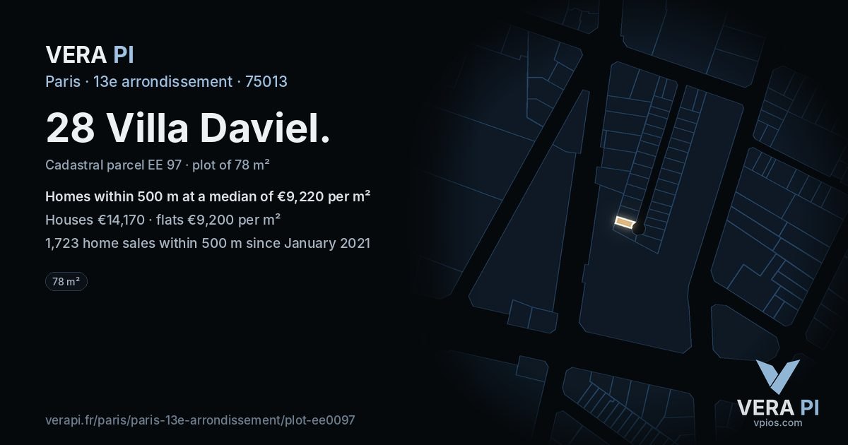 28 Villa Daviel, 13e arrondissement at night – the plot lit, the parcels around coloured by the prices near them