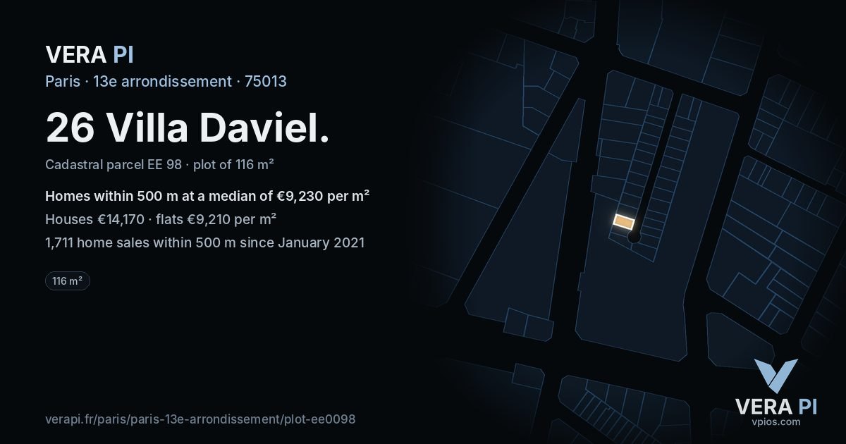 26 Villa Daviel, 13e arrondissement at night – the plot lit, the parcels around coloured by the prices near them