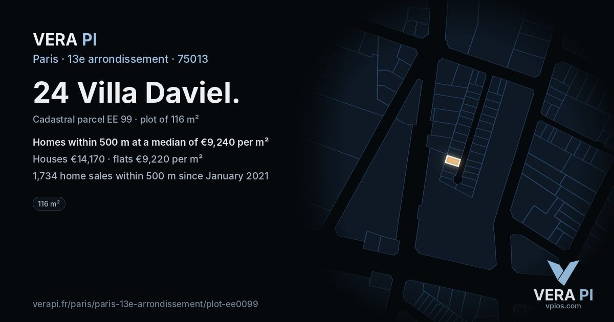 24 Villa Daviel, 13e arrondissement at night – the plot lit, the parcels around coloured by the prices near them