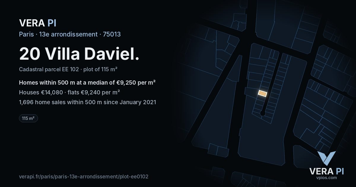 20 Villa Daviel, 13e arrondissement at night – the plot lit, the parcels around coloured by the prices near them