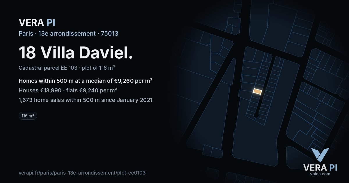 18 Villa Daviel, 13e arrondissement at night – the plot lit, the parcels around coloured by the prices near them