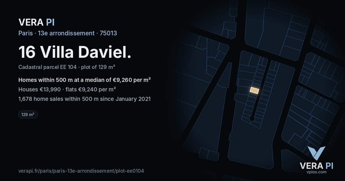 16 Villa Daviel, 13e arrondissement at night – the plot lit, the parcels around coloured by the prices near them