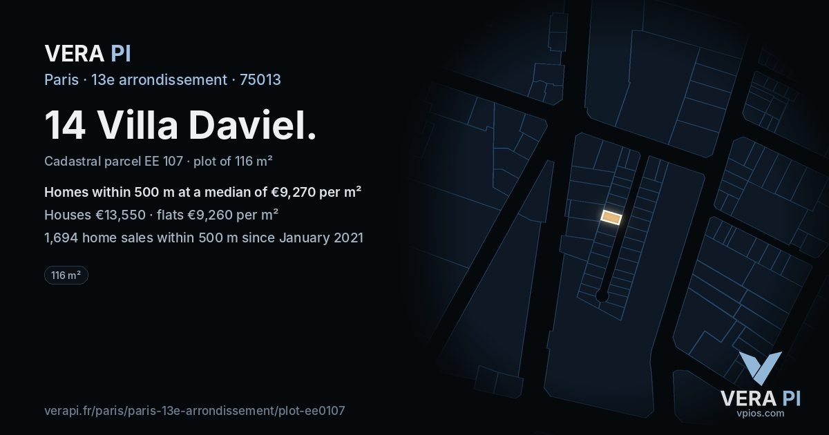 14 Villa Daviel, 13e arrondissement at night – the plot lit, the parcels around coloured by the prices near them