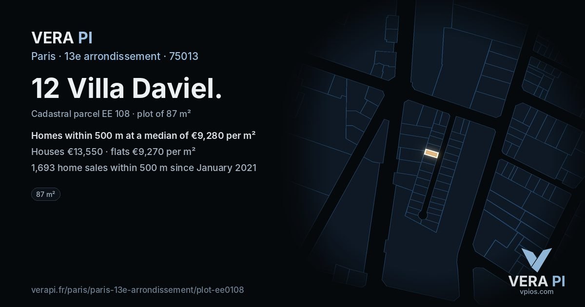 12 Villa Daviel, 13e arrondissement at night – the plot lit, the parcels around coloured by the prices near them