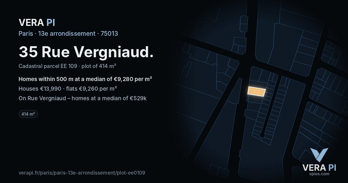 35 Rue Vergniaud, 13e arrondissement at night – the plot lit, the parcels around coloured by the prices near them