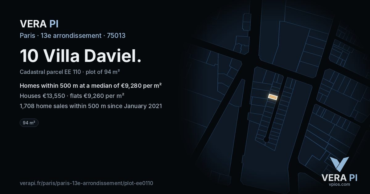 10 Villa Daviel, 13e arrondissement at night – the plot lit, the parcels around coloured by the prices near them