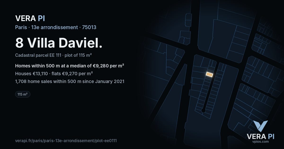 8 Villa Daviel, 13e arrondissement at night – the plot lit, the parcels around coloured by the prices near them