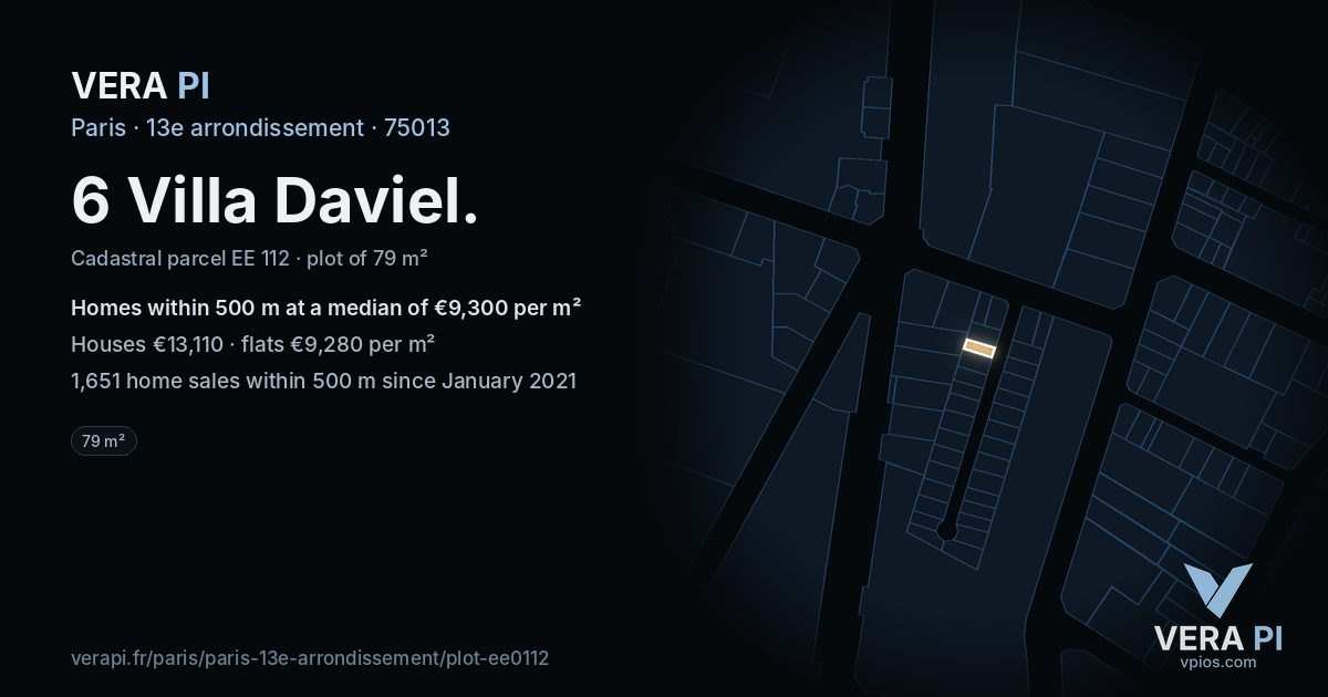 6 Villa Daviel, 13e arrondissement at night – the plot lit, the parcels around coloured by the prices near them