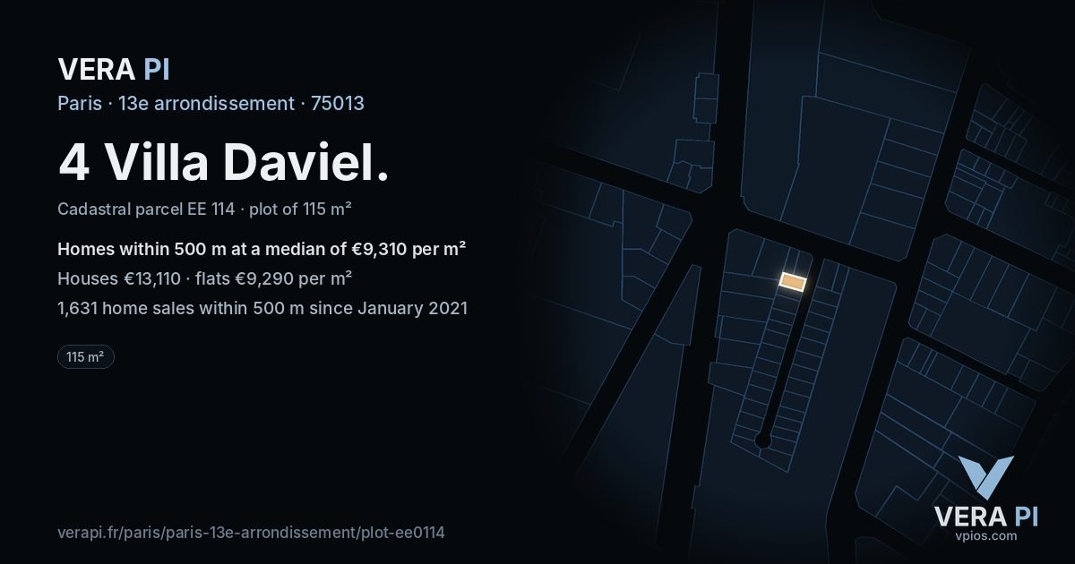 4 Villa Daviel, 13e arrondissement at night – the plot lit, the parcels around coloured by the prices near them