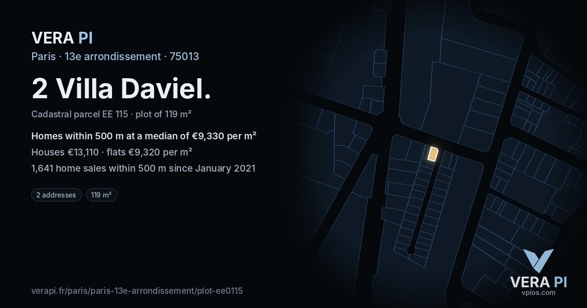 2 Villa Daviel, 13e arrondissement at night – the plot lit, the parcels around coloured by the prices near them